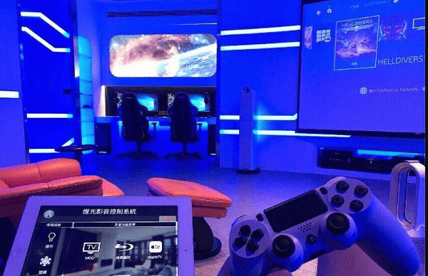 home theater with the theme of blue spaceship