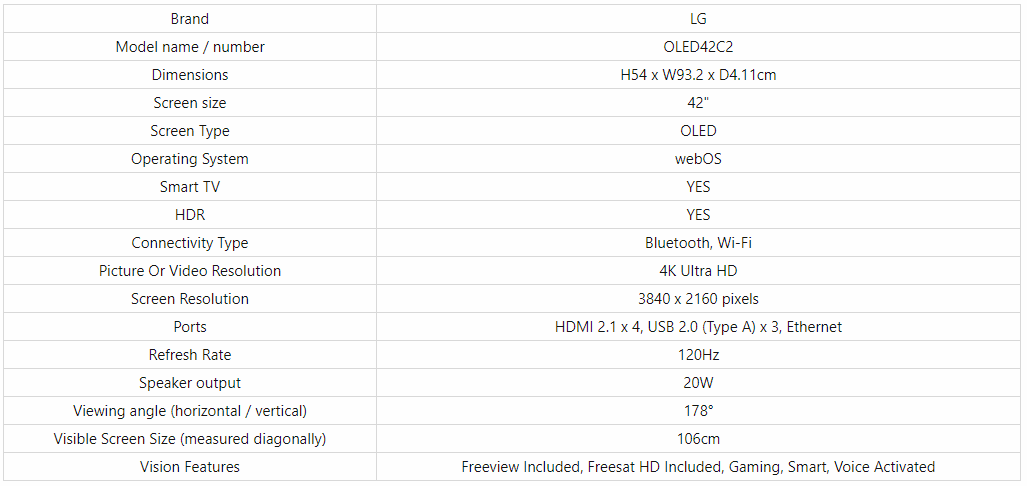 LG C2 specs