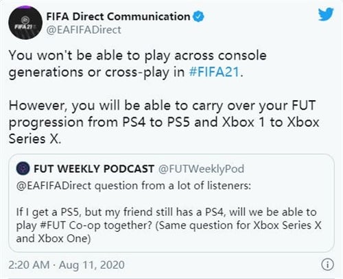 FIFA 21 does not support cross-platform and cross-gen console play