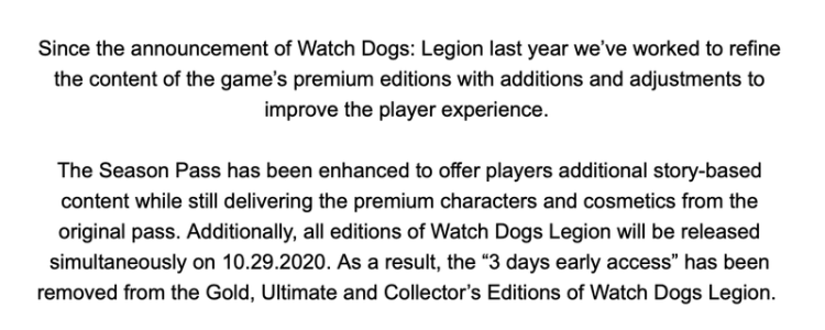 Watch Dogs Legion 3 days early access cancelled