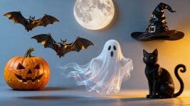 jimeng-2025-10-21-3307-一组 3D 渲染的物体，分别是：万圣节蝙蝠、南瓜头、幽灵、满月、女巫帽、黑猫.jpg