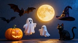 jimeng-2025-10-21-2596-一组以万圣节为主题的3D 渲染物体，分别是：蝙蝠、南瓜头、幽灵、满月、女巫帽、黑....jpg