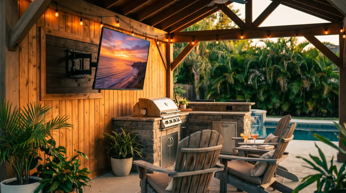 55-inch outdoor TV wall-mounted on a stacked-stone accent wall above an outdoor kitchen at golden hour